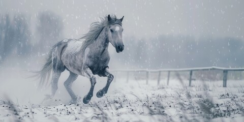 Obraz premium Scenic winter landscape with a graceful grey Arabian horse running through a snowstorm in a snowy field