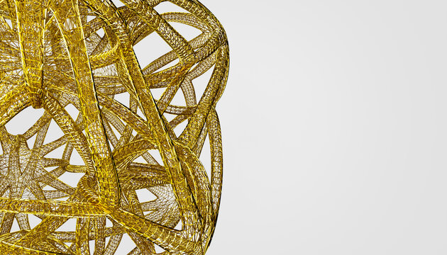 3D rendering of tangled gold colored object against white background