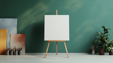 A minimalist art studio with a blank canvas on an easel, paintbrushes, and paint tubes. Ideal for creating a modern, clean aesthetic or showcasing your creative process.