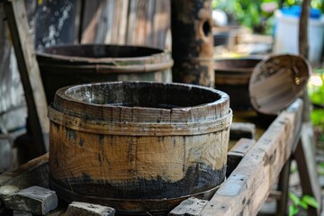 Fototapeta premium Antique wooden water bucket at Thai artesian wells