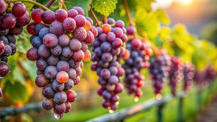 Ripe Red Grapes on Vine in Sunlit Vineyard with Dew Drops