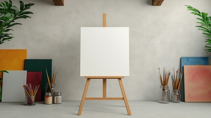 A minimalist art studio with a blank canvas on an easel, paintbrushes, and paint tubes. Ideal for creating a modern, clean aesthetic or showcasing your creative process.