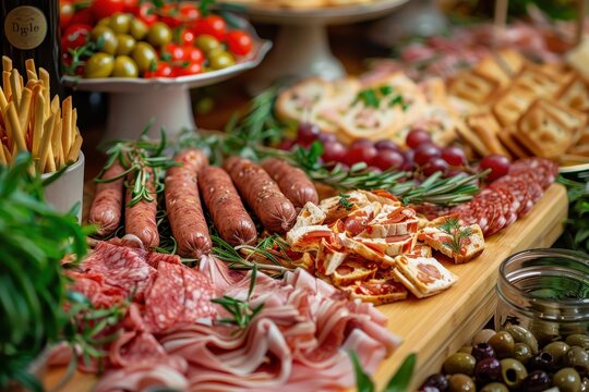 Appetizer table with sausages dried meat cheese grissini herbs and olives