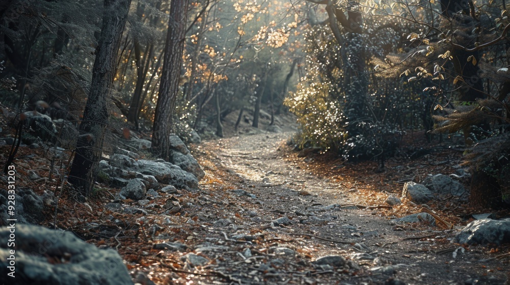 Poster a dirt path surrounded by trees and rocks in a forest environment