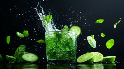Cucumber mint cooler splashing into a glass, surrounded by sparkling water and lime slices, freeze-frame photography style, high-contrast lighting, dynamic composition.