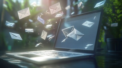 A 3D rendering of a laptop featuring letters and flying envelopes that represents the idea of email marketing