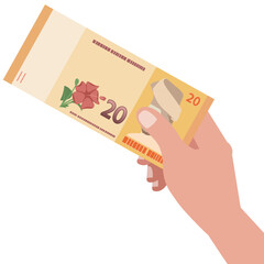 Hand holding and show the Malaysia banknotes of twenty Ringgit RM20, sample flat design illustration of Malaysia currency Ringgit Malaysia cash paper money.