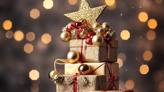 Christmas card with Christmas tree made of pile stack gifts golden star on top, copyspace for text, on festive background