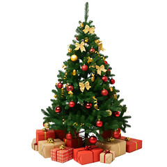 Decorated Christmas tree with presents for new year. png isolated background. transparent background