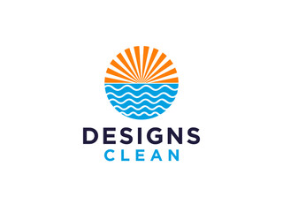 Abstract Vintage Circular Sun and Sea Wave Logo.