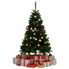 Decorated Christmas tree with presents for new year. png isolated background. transparent background