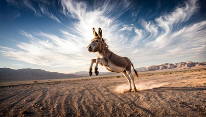 Donkey kicking up dust in a desert landscape
