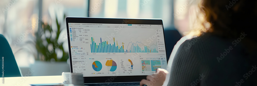 Poster a person sits in an office setting, reviewing social media analytics on a laptop computer. graphs an