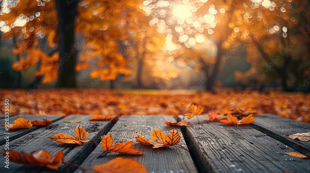 Poster background with orange leaves in autumn on a wooden table. generative ai.