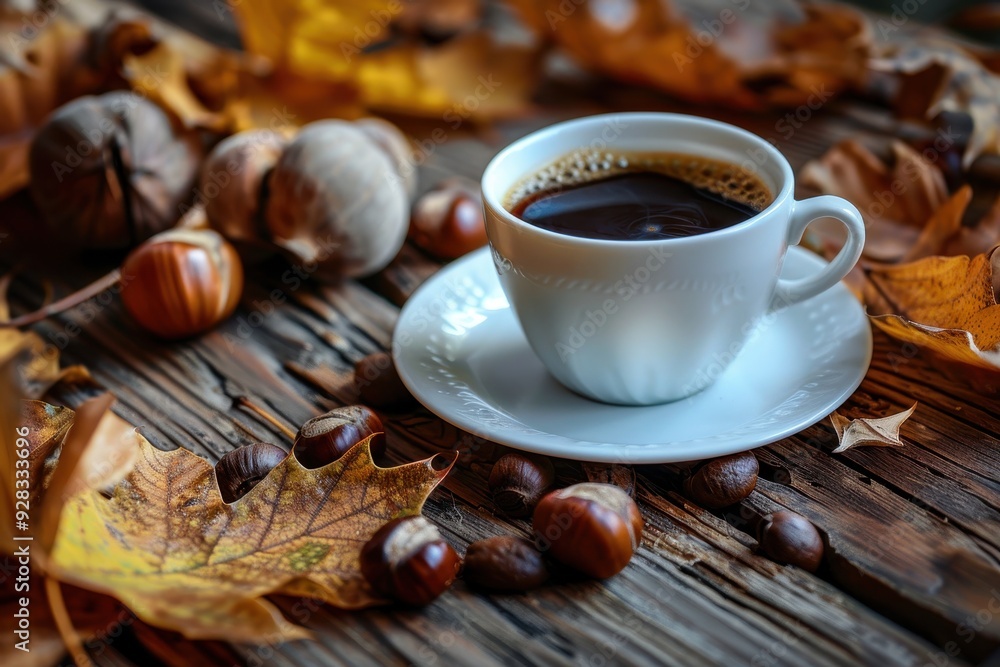 Sticker Autumn coffee with chestnuts on table