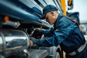 Auto mechanic checking semi truck s fuel tank at service shop Diesel truck maintenance Truck inspection for safe driving