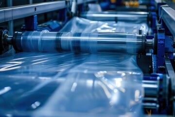 Automatic plastic bag production machine with lighting effect roller in light blue scene