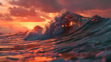 Fototapeta premium Dynamic foamy ocean waves rolling up sunset vibrant colors seascape close up