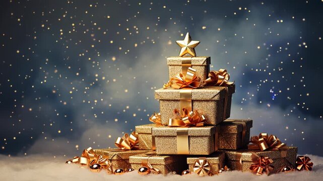 Christmas card with Christmas tree made of pile stack gifts golden star on top, copyspace for text, on festive background
