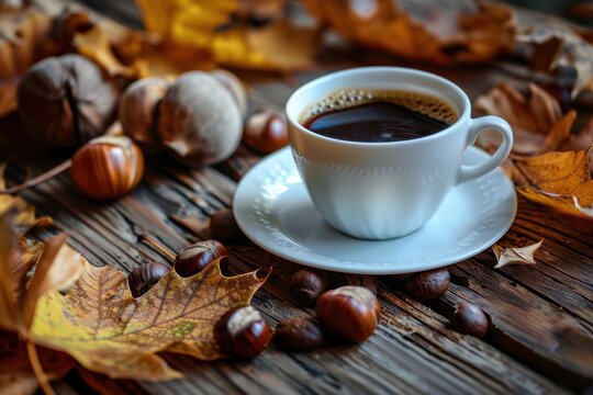 Autumn coffee with chestnuts on table