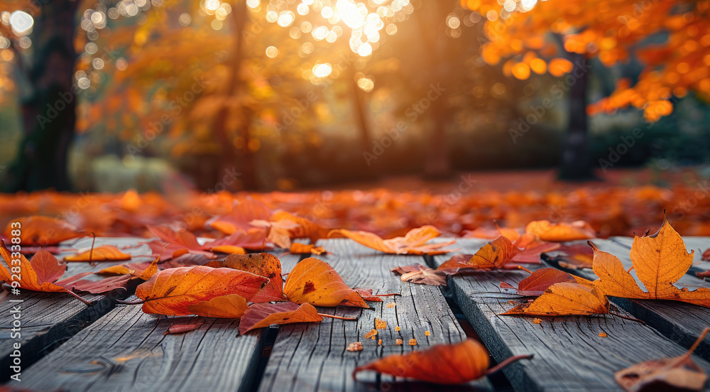 Poster background with orange leaves in autumn on a wooden table. generative ai.