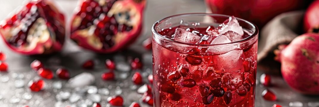 Chilled pomegranate seed juice with ice red fresh pomegranate juice