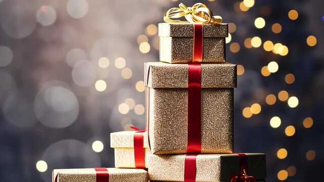 Christmas card with Christmas tree made of pile stack gifts golden star on top, copyspace for text, on festive background
