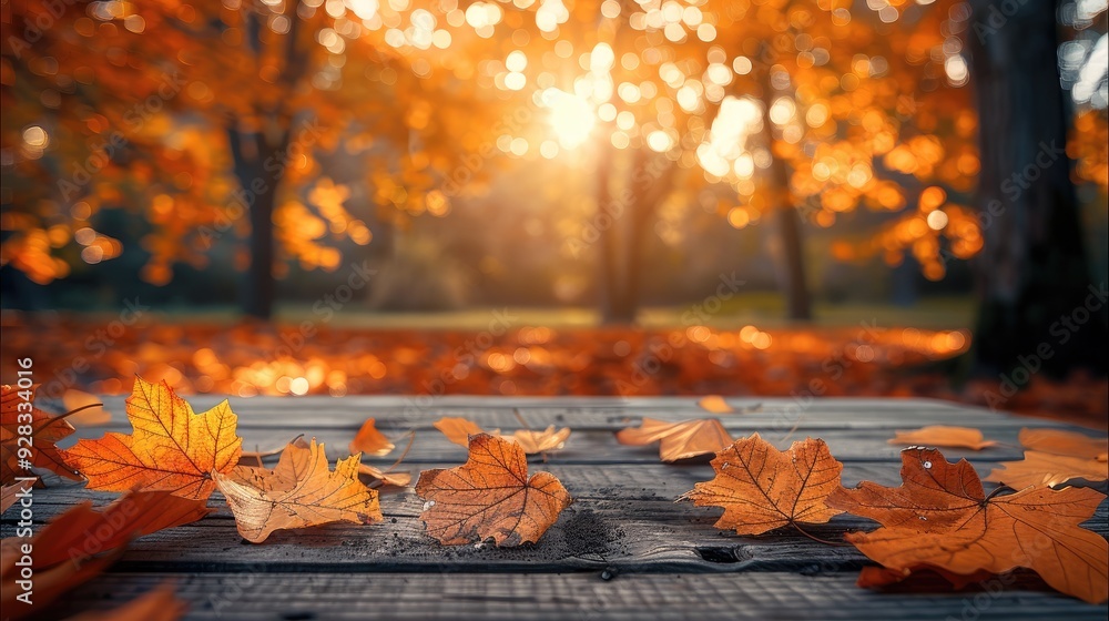 Poster background with orange leaves in autumn on a wooden table. generative ai.