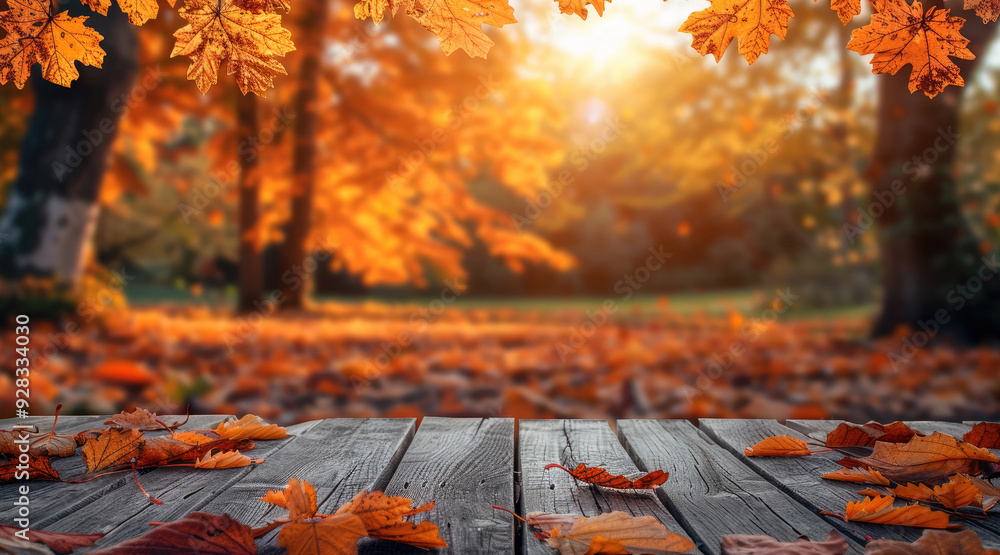 Poster background with orange leaves in autumn on a wooden table. generative ai.