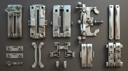 Obraz premium Detailed 3D render of industrial hinges, various types