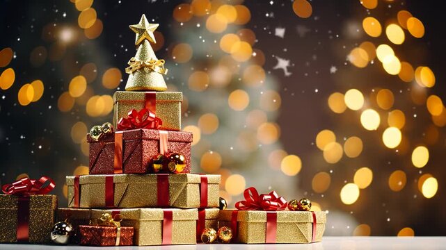 Christmas card with Christmas tree made of pile stack gifts golden star on top, copyspace for text, on festive background