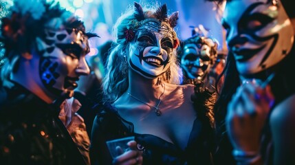Friends in spooky costumes dance at a halloween party in a nightclub, creating unforgettable memories in a dark and festive atmosphere