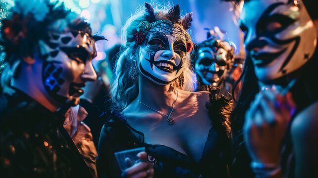 Friends in spooky costumes dance at a halloween party in a nightclub, creating unforgettable memories in a dark and festive atmosphere