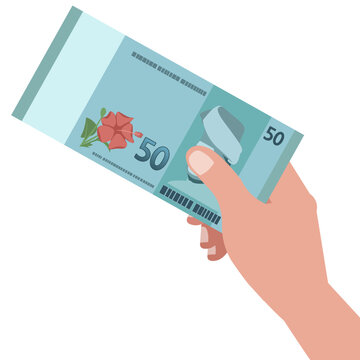 Hand holding and show the Malaysia banknotes of fifty Ringgit RM50, sample flat design illustration of Malaysia currency Ringgit Malaysia cash paper money.