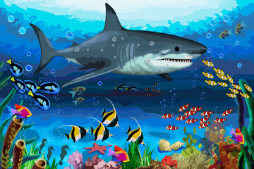 Shark and flocks of colorful fish.Vector illustration with a shark and flocks of fish and animals underwater.