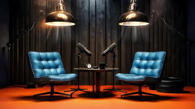 Interior Podcast Setting with Two Blue Armchairs Facing Each Other, Round Table with Microphones and Glasses, Pendant Lights, Red Carpet, and Dark Wood Paneled Wall for Intimate Conversations