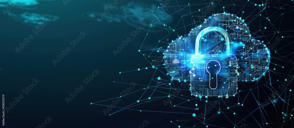 Poster cloud computing security with glowing lock