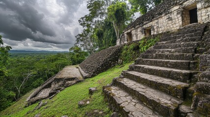 Ancient stone ruins in lush jungle setting with cloudy sky