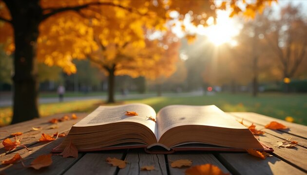 Autumn Park with Open Book on Rustic Wooden Table