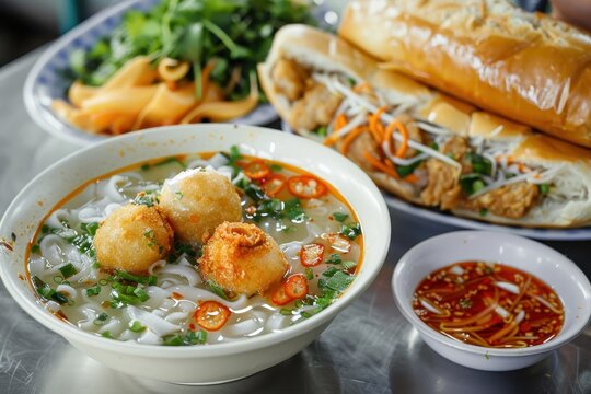 Banh Canh Rice noodle soup with fried fish ball and Banh Mi Cha Ca Vietnamese bread with fried fish and chili fish sauce a common breakfast combo in south