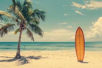 Beach scene with surfboard and palm tree Summer vacation concept with vintage filter