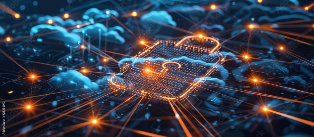 Poster cloud computing security with glowing lock