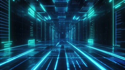 Fototapeta premium Futuristic digital tunnel with glowing blue lines and abstract data patterns on the walls and floor.