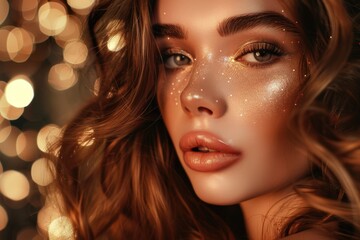 Beautiful girl model with makeup wavy hairstyle shiny skin gloss lips and dark eyebrows in glamour portrait © LimeSky