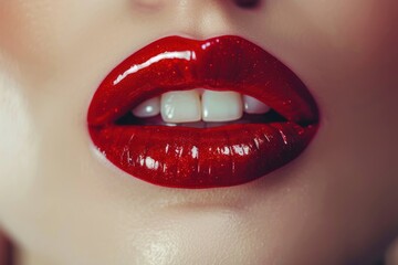 Obraz premium Beautiful red lips with makeup details close up and sensual Lipstick or lip gloss