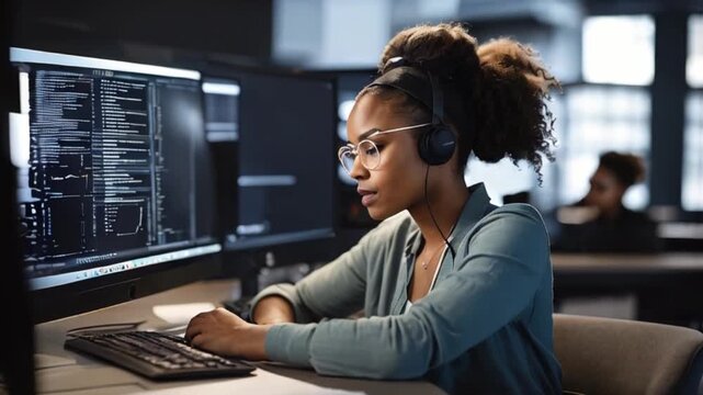クリエイティブオフィスでデスクトップを操作しソーシャルメディア戦略を策定する黒人女性