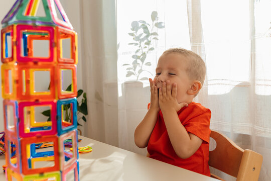 Excited boy celebrating near arranged toy blocks at home