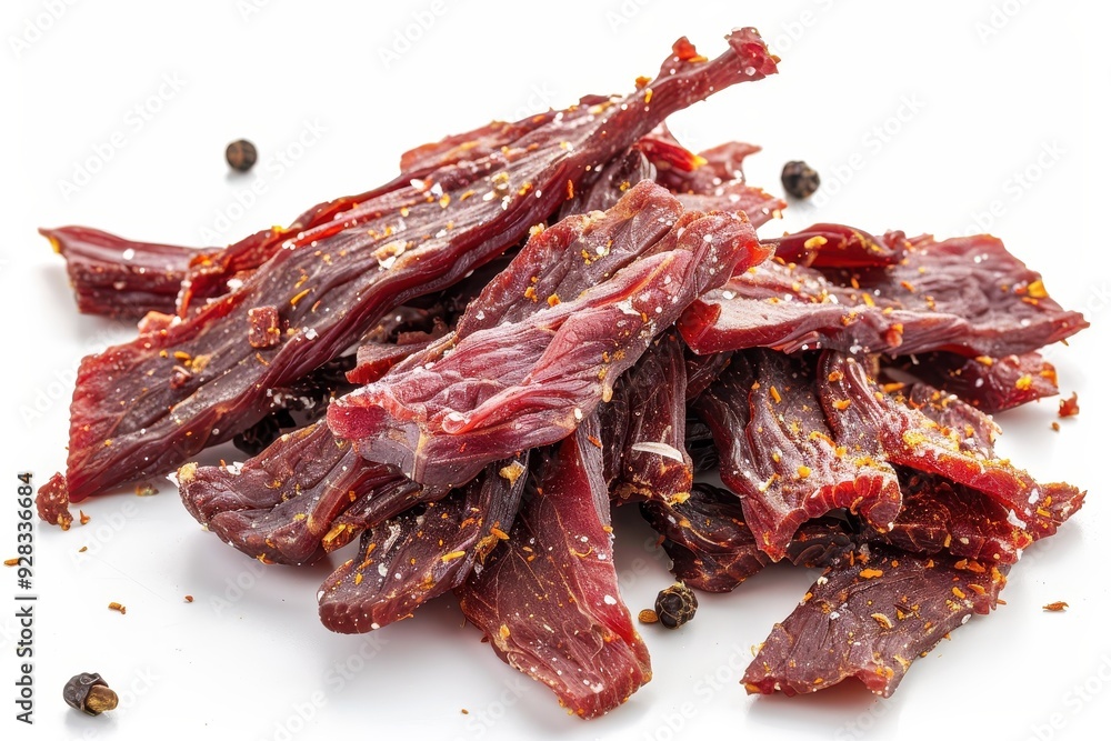 Canvas Prints Beef jerky on white background Spiced meat slices