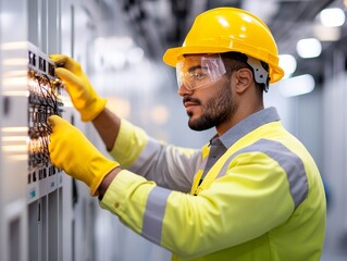 A focused engineer in safety gear works on electrical equipment, ensuring proper maintenance and safety standards are met.