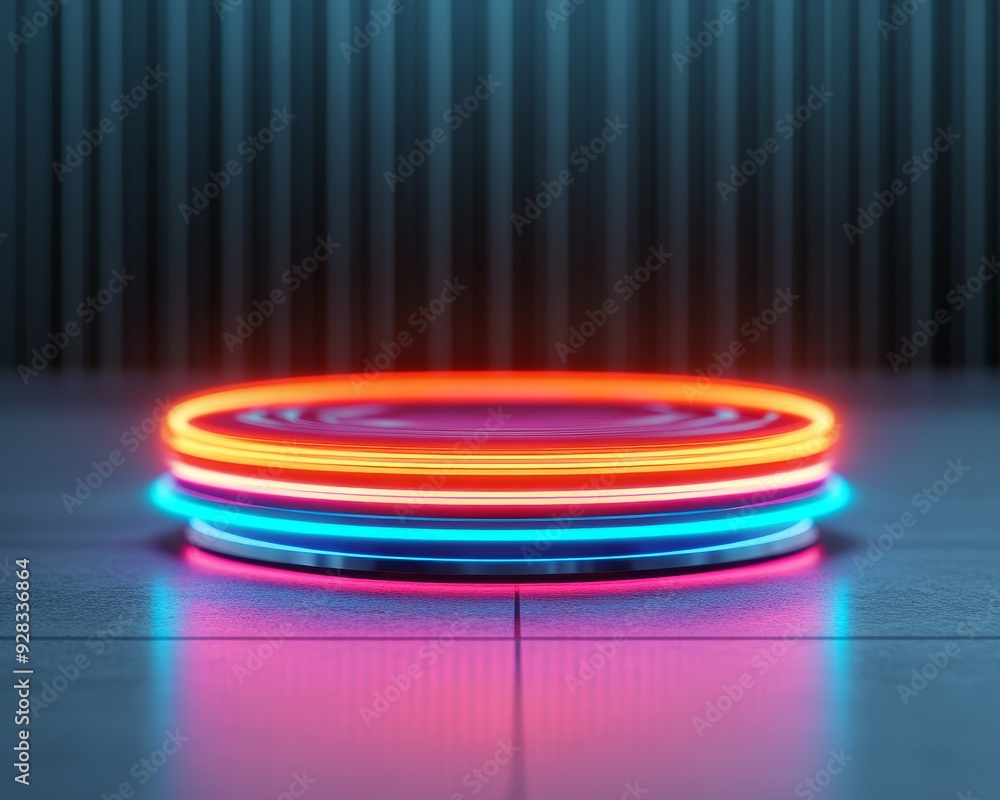 Poster a futuristic glowing platform illuminated with vibrant neon lights, perfect for showcasing products 